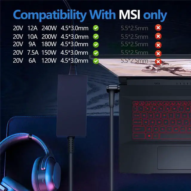 Alt view image 3 of 5 - 240W 20V 12A AC Adapter for MSI Pulse GL76 GL66 Crosshair 15 16 17 Katana GF76 Stealth 14 Studio A13FV ms-14K1 ms-1543 Laptop Charger A20-240P2A A240A010P ADP-240EB D Power Supply