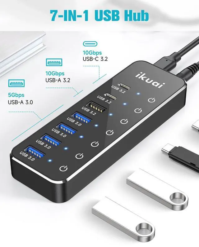 Alt view image 2 of 5 - Powered USB Hub, ikuai 7-Port USB 3.2 / USB C Hub, with 3 10Gbps Data Ports (2 USB-C + 1 USB-A) and 4 USB A 3.0 Ports for PC Laptops