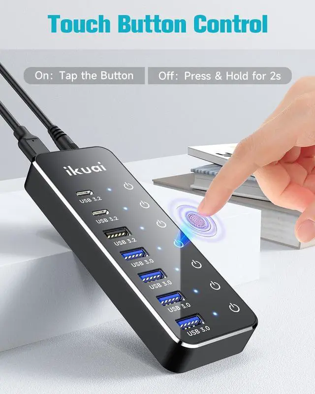 Alt view image 5 of 5 - Powered USB Hub, ikuai 7-Port USB 3.2 / USB C Hub, with 3 10Gbps Data Ports (2 USB-C + 1 USB-A) and 4 USB A 3.0 Ports for PC Laptops
