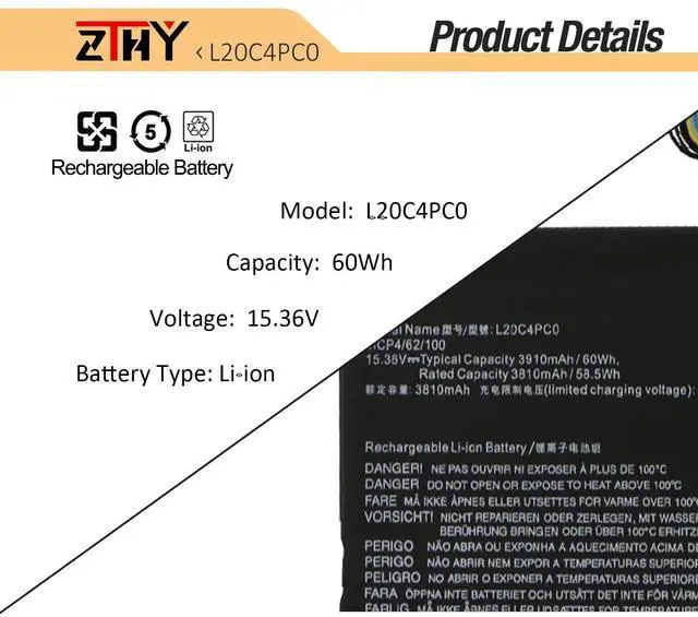Alt view image 3 of 5 - ZTHY L20C4PC0 L20D4PC0 Laptop Battery Replacement for Lenovo Legion 5-15ACH6 5-15ACH6A 5-15ACH6H 5-15IAH7 5-15IAH7H 5-15ITH6 5-15ITH6H Ideapad Gaming 3-15ACH6 Series L20L4PC0 L20M4PC0 15.36V 60Wh