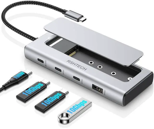 Main image of RSHTECH 5-in-1 USB C Hub with M.2 NVMe/SATA SSD Enclosure, 10Gbps USB Data Ports (1A + 2C) and 100W Power Delivery, Aluminum USB-C Dock Dongle for MacBook, Laptops and More
