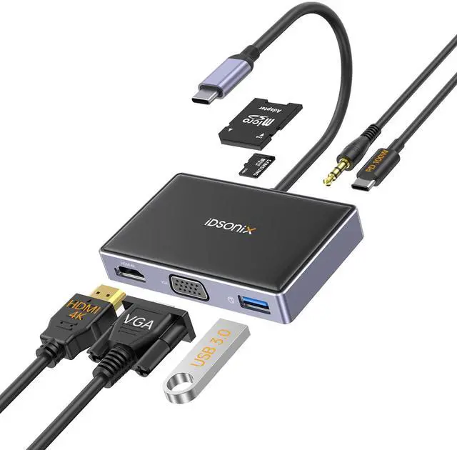 Main image of USB C to HDMI VGA Adapter, 7 in 1 USB C Hub MultiPort Adapter with 4K HDMI/VGA, 100W PD, USB-A 3.0, Audio/Mic, SD/TF for Dell/HP/Lenovo/MacBook Pro Laptop