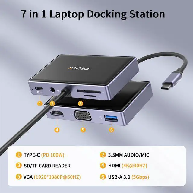 Alt view image 2 of 5 - USB C to HDMI VGA Adapter, 7 in 1 USB C Hub MultiPort Adapter with 4K HDMI/VGA, 100W PD, USB-A 3.0, Audio/Mic, SD/TF for Dell/HP/Lenovo/MacBook Pro Laptop