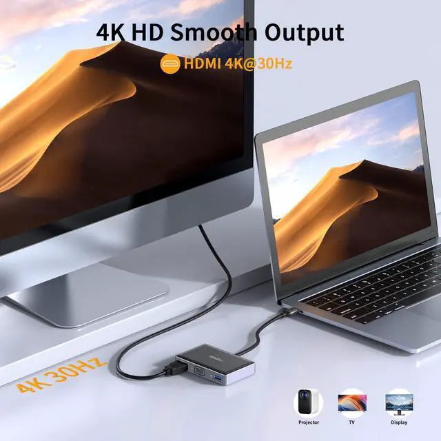 Alt view image 3 of 5 - USB C to HDMI VGA Adapter, 7 in 1 USB C Hub MultiPort Adapter with 4K HDMI/VGA, 100W PD, USB-A 3.0, Audio/Mic, SD/TF for Dell/HP/Lenovo/MacBook Pro Laptop
