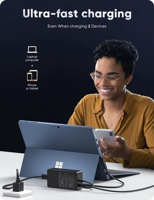 Alt view image 5 of 5 - 65W Surface Pro Charger Compatible for Microsoft Surface Pro11 10 9 8 7 6 5 4 X Compatible Model 1706 1800 1943 1963 1625 1796 1769 1735 Laptop AC Adapter Power Supply Cord