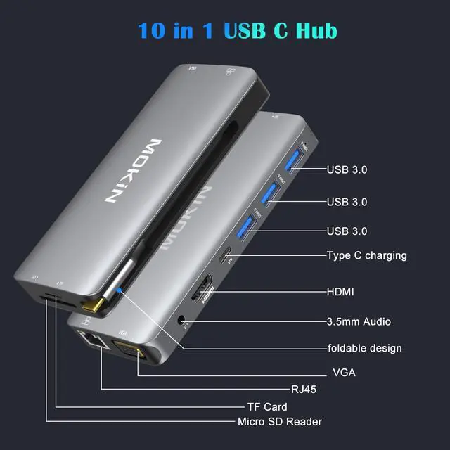 Alt view image 2 of 5 - USB C Hub Multiport Adapter-10 in 1 Portable Dongle with 4K HDMI, VGA, Ethernet, 3 USB Ports, Audio, PD Charger, SD/Micro SD Card Reader Compatible for MacBook Pro, XPS More Type C Devices.
