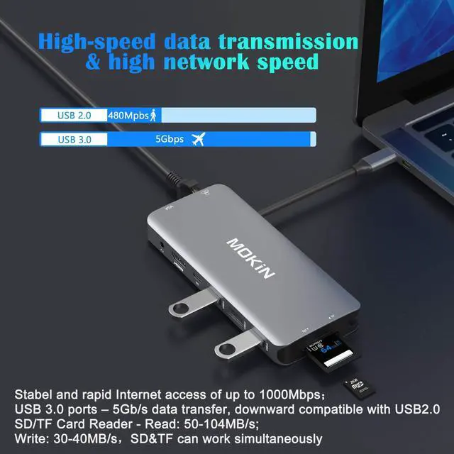 Alt view image 4 of 5 - USB C Hub Multiport Adapter-10 in 1 Portable Dongle with 4K HDMI, VGA, Ethernet, 3 USB Ports, Audio, PD Charger, SD/Micro SD Card Reader Compatible for MacBook Pro, XPS More Type C Devices.
