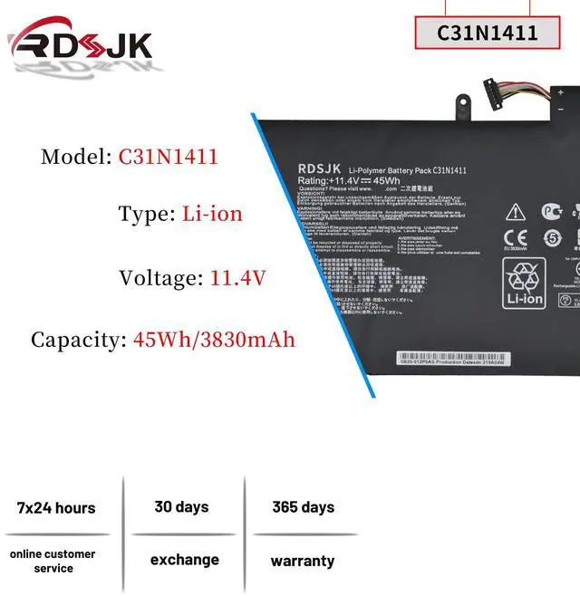 Alt view image 2 of 5 - C31N1411 Laptop Battery for ASUS ZenBook U Series UX305 UX305F UX305C UX305CA UX305FA UX305FA-USM1 U305 U305L U305F U305CA U305LA U305FA U305FA5Y10 U305UA UX305CA-EHM1 FC167T 0B200-01180000 11.4V 45Wh