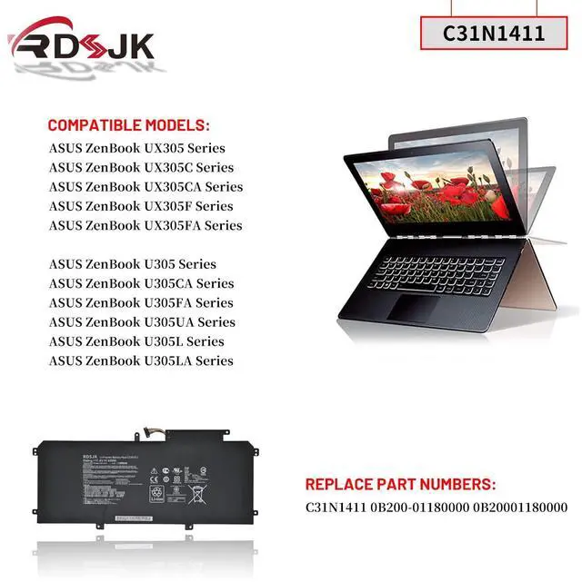 Alt view image 3 of 5 - C31N1411 Laptop Battery for ASUS ZenBook U Series UX305 UX305F UX305C UX305CA UX305FA UX305FA-USM1 U305 U305L U305F U305CA U305LA U305FA U305FA5Y10 U305UA UX305CA-EHM1 FC167T 0B200-01180000 11.4V 45Wh
