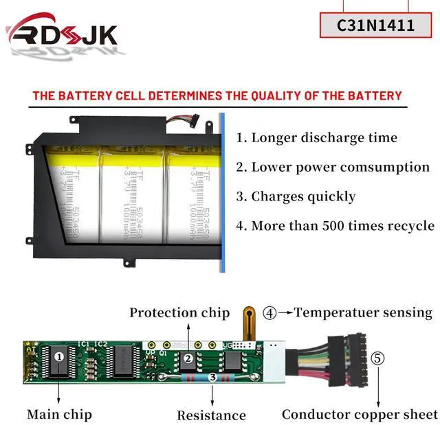 Alt view image 4 of 5 - C31N1411 Laptop Battery for ASUS ZenBook U Series UX305 UX305F UX305C UX305CA UX305FA UX305FA-USM1 U305 U305L U305F U305CA U305LA U305FA U305FA5Y10 U305UA UX305CA-EHM1 FC167T 0B200-01180000 11.4V 45Wh