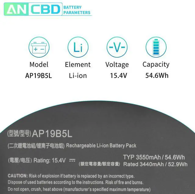Alt view image 2 of 5 - AP19B5L Laptop Battery for ACER Aspire 5 A515-43 A515-43G A515-52 A515-52G/Swift 3 SF314-42 SF314-512/Vero AV15-51/TravelMate P2 TMP214-41 TMP215-41 Series KT00405010 4ICP5/61/71 15.4V/54.6Wh 4-Cells