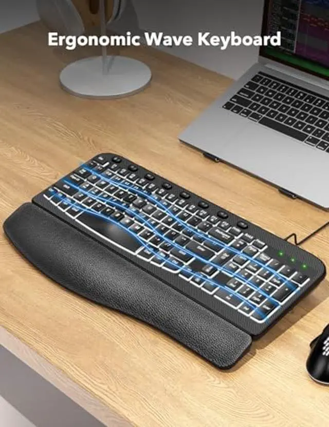 Alt view image 2 of 5 - SABLUTE Ergonomic Keyboard Wired with Cushioned Wrist & Palm Rest, Backlit Computer Keyboards with 7-Color Adjustable Backlight, Comfortable Natural Wave Keys for Windows/Mac, Desktop Laptop