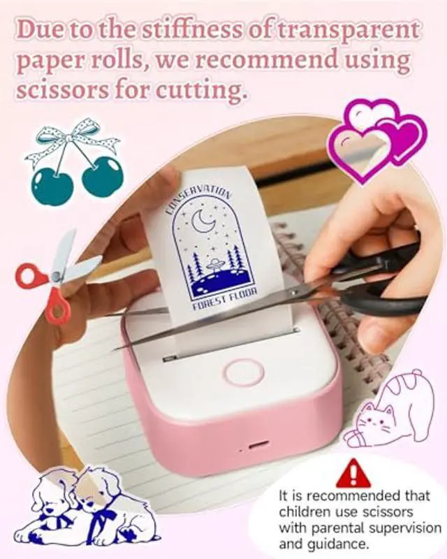 Alt view image 5 of 5 - Memoqueen Pocket Printer T02 Mini Sticker Thermal Printer, Thermanote Printing for DIY Journal, Study Notes, Memos, Photo, Ideal for Kids, Compatible with iOS & Android, Pink