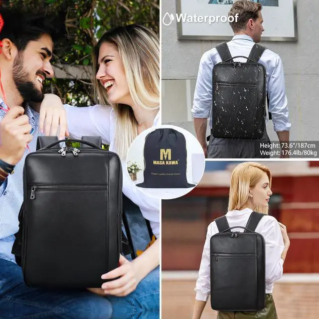 Alt view image 3 of 5 - Masa Kawa Slim Genuine Leather Business Backpack 15.6" Laptop Bag for Men Women Office Work Travel Small Thin Computer Casual Daypack, Black