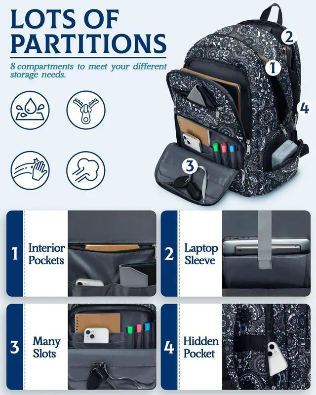 Alt view image 4 of 5 - FOKDUVB Large Backpack for Women Backpack with Lots of Pockets for Travel Work School Bookbag with Laptop Compartment for High School College Girls Mochilas Morrales para Mujer (Black/Gray, Paisley)