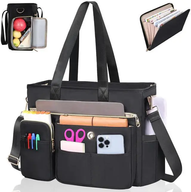 Main image of ESTARER Women Laptop Tote Bag 2Pcs, 15.6'' Teacher Work Bag Computer bag w/Expandable File Folder, Large Water-Resistant Messenger Shoulder bag w/Insulated Pocket for Office/Travel/College, Black