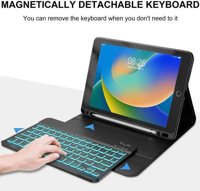 Alt view image 2 of 5 - BORIYUAN iPad 10.2 inch Case with Keyboard, Detachable Bluetooth Keyboard with 7 Color Backlit, Slim Folio Smart Cover with Pencil Holder for iPad 9th/8th/7th Gen/iPad Pro 10.5"/iPad Air 3rd Gen Black