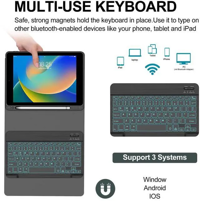 Alt view image 4 of 5 - BORIYUAN iPad 10.2 inch Case with Keyboard, Detachable Bluetooth Keyboard with 7 Color Backlit, Slim Folio Smart Cover with Pencil Holder for iPad 9th/8th/7th Gen/iPad Pro 10.5"/iPad Air 3rd Gen Black