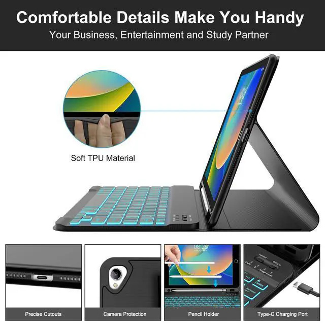 Alt view image 5 of 5 - BORIYUAN iPad 10.2 inch Case with Keyboard, Detachable Bluetooth Keyboard with 7 Color Backlit, Slim Folio Smart Cover with Pencil Holder for iPad 9th/8th/7th Gen/iPad Pro 10.5"/iPad Air 3rd Gen Black
