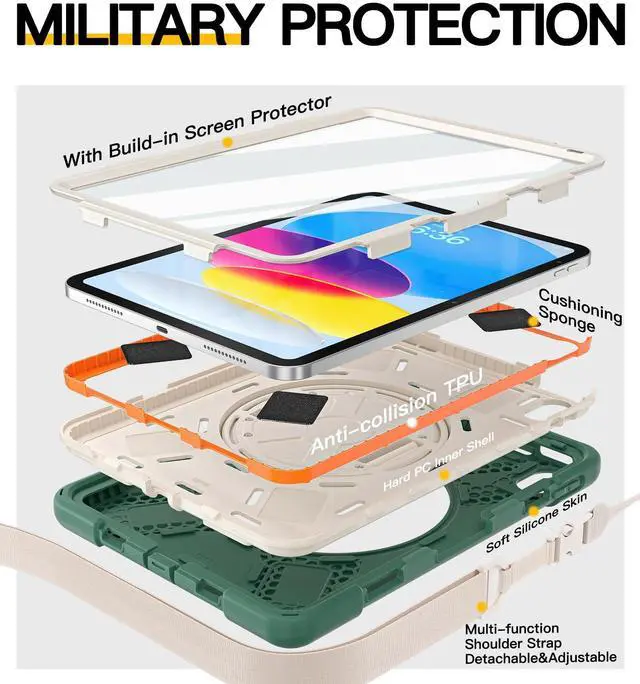 Alt view image 3 of 5 - BRAECN for iPad (A16) 11th/10th Generation case 11/10.9 inch 2025/2022 Heavy Duty Shockproof Protective with Pencil Holder Screen Protector 360°Rotating Stand Handle & Shoulder Strap Full Body Cover