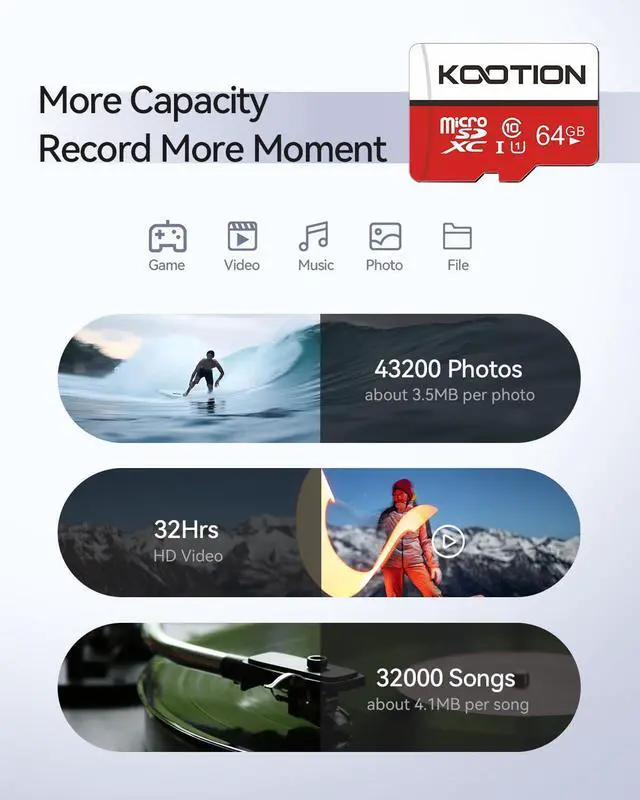 Alt view image 3 of 5 - KOOTION 64GB Micro SD Card 5 Pack Micro SDXC Memory Card with Adapter UHS-I, U1, Full HD, Class 10 TF Flash Memory Card for Smartphone