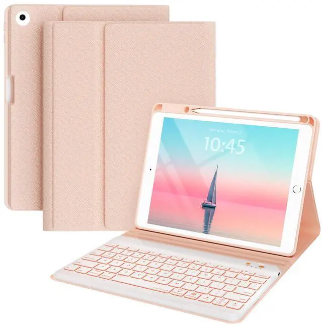 Main image of BLUTLOTUS Keyboard case for iPad 9.7 Inch Air 2, iPad 5th/iPad 6th Generation (2017/2018) Case, 7 Color Wireless Backlit Detachable Keyboard, Smart Folio Cover with Pencil Holder(Pink)