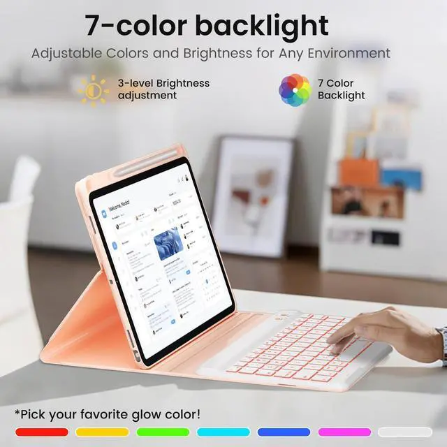 Alt view image 4 of 5 - BLUTLOTUS Keyboard case for iPad 9.7 Inch Air 2, iPad 5th/iPad 6th Generation (2017/2018) Case, 7 Color Wireless Backlit Detachable Keyboard, Smart Folio Cover with Pencil Holder(Pink)