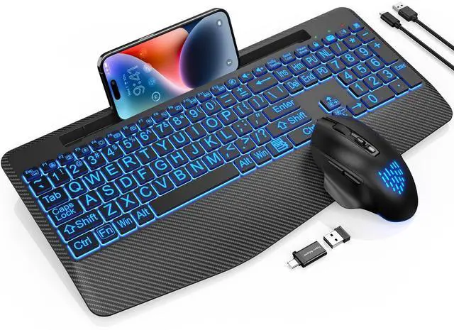 Main image of Wireless Keyboard and Mouse Backlits, Wrist Rest, LED Mouse, Rechargeable Ergonomic Keyboard with Phone Holder, Silent Light Up Combo for Computer, Mac, PC, Laptop, Chromebook (Black Large Print)