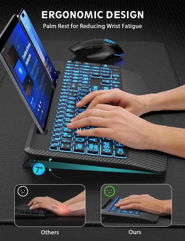 Alt view image 3 of 5 - Wireless Keyboard and Mouse Backlits, Wrist Rest, LED Mouse, Rechargeable Ergonomic Keyboard with Phone Holder, Silent Light Up Combo for Computer, Mac, PC, Laptop, Chromebook (Black Large Print)
