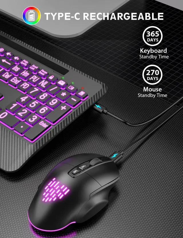 Alt view image 5 of 5 - Wireless Keyboard and Mouse Backlits, Wrist Rest, LED Mouse, Rechargeable Ergonomic Keyboard with Phone Holder, Silent Light Up Combo for Computer, Mac, PC, Laptop, Chromebook (Black Large Print)