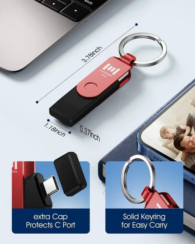 Alt view image 2 of 5 - MOSDART 256GB USB3.1 Fast Speed C and A Dual Flash Drive, exFAT Memory Stick with Keychain and LED Indicator, for iPhone 15 and 16, Android Phone, iPad, MacBook, and Other Laptops, Red