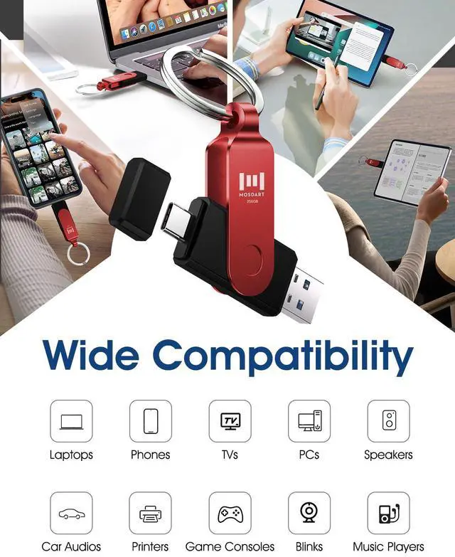 Alt view image 5 of 5 - MOSDART 256GB USB3.1 Fast Speed C and A Dual Flash Drive, exFAT Memory Stick with Keychain and LED Indicator, for iPhone 15 and 16, Android Phone, iPad, MacBook, and Other Laptops, Red