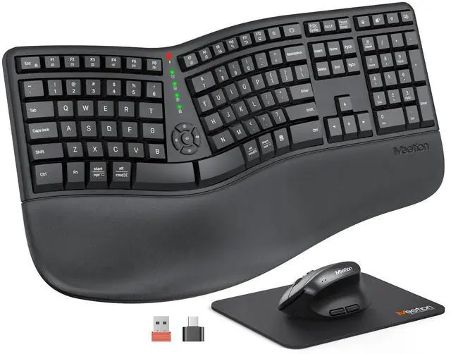 Main image of MEETION Ergonomic Wireless Keyboard and Mouse, Ergo Keyboard with Vertical Mouse, Split Cushioned Wrist Palm Rest, Natural Typing, Rechargeable, Full Size, Windows/Mac/Computer/Laptop, Black DirectorC