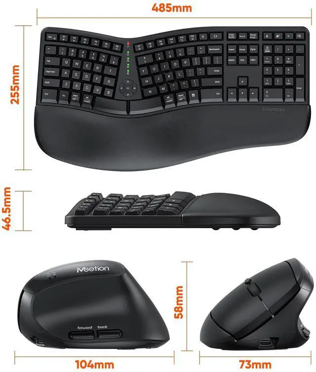 Alt view image 5 of 5 - MEETION Ergonomic Wireless Keyboard and Mouse, Ergo Keyboard with Vertical Mouse, Split Cushioned Wrist Palm Rest, Natural Typing, Rechargeable, Full Size, Windows/Mac/Computer/Laptop, Black DirectorC