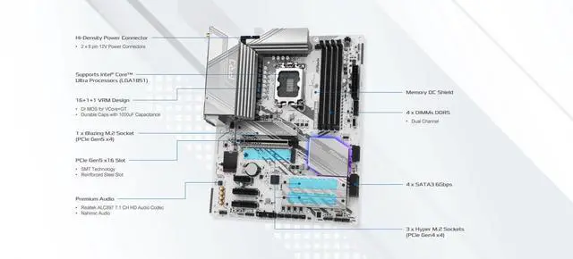 Alt view image 4 of 5 - ASRock Z890 Pro RS WiFi 6E White Intel Core Ultra LGA1851 RL-ILM DDR5 8666 MHz 256 GB ATX Motherboard M.2