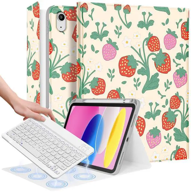 Main image of Wazzasoft for iPad 10th Generation Case with Keyboard - for iPad A16 Cases Pencil Holder 10.9 Inch Cover Women Girl Cute Girly Unique Design Strawberry Funda for Apple Tablet 10th/11th gen