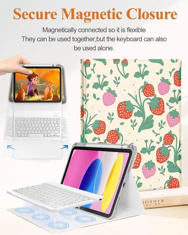 Alt view image 4 of 5 - Wazzasoft for iPad 10th Generation Case with Keyboard - for iPad A16 Cases Pencil Holder 10.9 Inch Cover Women Girl Cute Girly Unique Design Strawberry Funda for Apple Tablet 10th/11th gen