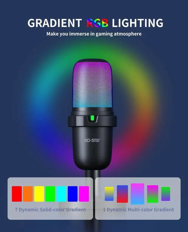Alt view image 2 of 5 - Ko-Star USB Gaming Microphone for PC,Computer Mic for PS4/ PS5/ Mac,Condenser Mic with Quick Mute,RGB Light,Pop Filter,Shock Mount for Recording,Streaming,Podcasting,YouTube (Black)