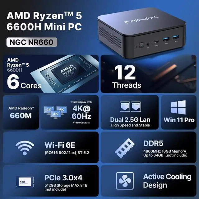 Alt view image 2 of 5 - MINIX NGC-NR660 Mini PC, AMD Ryzen 5 6600H, 16GB DDR5, 512GB PCIe 3.0 SSD, Compact Windows 11 Pro Micro Desktop Computer, Dual 2.5G LAN,Triple 4K Display, USB-C 4.0, WiFi 6E for Home/Office/Gaming