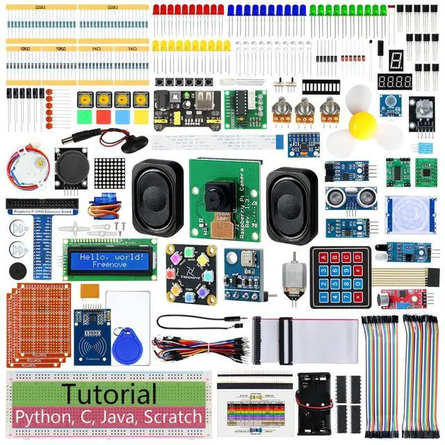 Main image of Freenove Complete Starter Kit for Raspberry Pi 5 4 B 3 B+ 400 Zero 2 W, 1170-Page Tutorial, Python C Java Scratch Processing Code, 386 Items, 164 Projects, Camera Speaker (Raspberry Pi NOT Included)