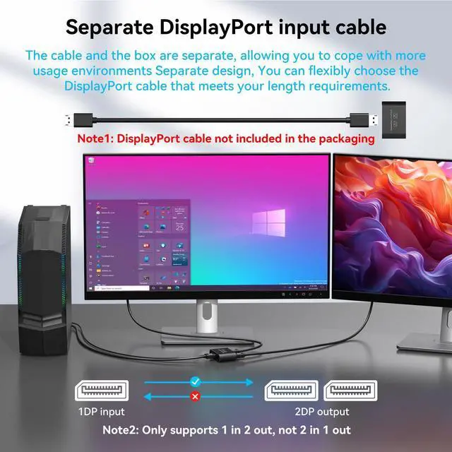 Alt view image 3 of 5 - JCYMELE Displayport to Dual Displayport Splitter Dual 4K120Hz Extended Display Adapter for 2 Monitors, Display Port Splitter 1 in 2 Out Supports MST & SST Mode for PC, Laptop,Computer Graphics Card