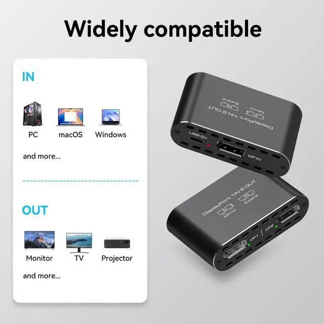 Alt view image 5 of 5 - JCYMELE Displayport to Dual Displayport Splitter Dual 4K120Hz Extended Display Adapter for 2 Monitors, Display Port Splitter 1 in 2 Out Supports MST & SST Mode for PC, Laptop,Computer Graphics Card