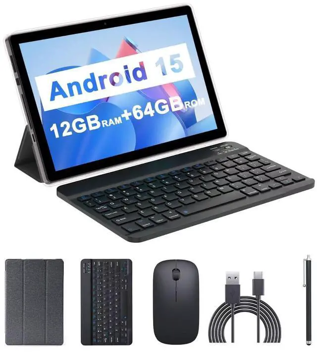 Main image of Android 15 Tablet, 10.1 inch 12GB RAM+64GB ROM 1TB Expandable, 2 in 1 Tablets with Keyboard Case Mouse Stylus, 1.8GHz Quad-core, 1280*800 IPS Touch Screen, 8MP Dual Camera, 5G WiFi 6 BT 5.0 Tablet