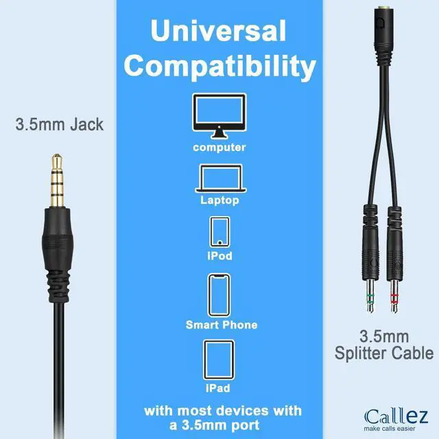 Alt view image 2 of 5 - Callez 3.5mm Cell Phone Headset, Mono Computer Headset with Noise Cancelling Microphone, Compatible with iPhone Samsung Huawei Smartphones Laptop iPad iPod Skype PC