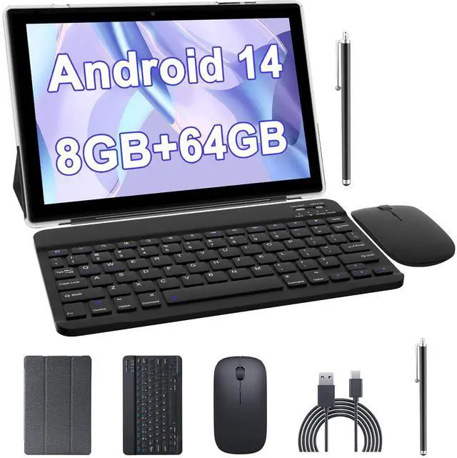 Main image of 10 inch Android 14 Tablet with Keyboard, 2 in 1 Tablets Set Include Case Mouse Stylus, 8GB RAM+64GB ROM, Quad Core 10.1'' Tab, 6000mAh Battery, 8MP Dual Camera, Google GMS Certification Tableta