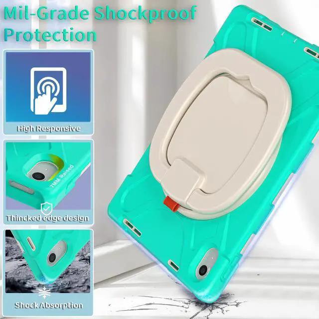 Alt view image 2 of 5 - BKOUNCTK for iPad (A16) 11th/10th Generation Case 2025/2022 (11/10.9),Heavy Sturdy Shockproof Kids Case with Screen Protector,Rotating Stand/Pencil Holder/Shoulder Strap (Mint Green)