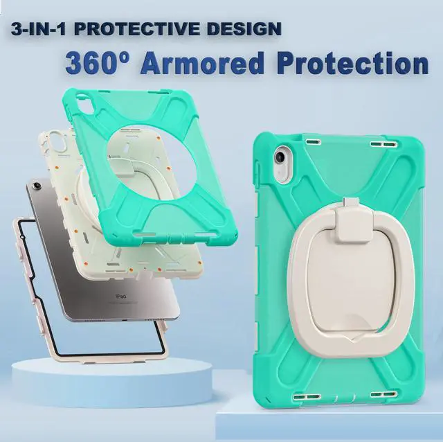 Alt view image 3 of 5 - BKOUNCTK for iPad (A16) 11th/10th Generation Case 2025/2022 (11/10.9),Heavy Sturdy Shockproof Kids Case with Screen Protector,Rotating Stand/Pencil Holder/Shoulder Strap (Mint Green)