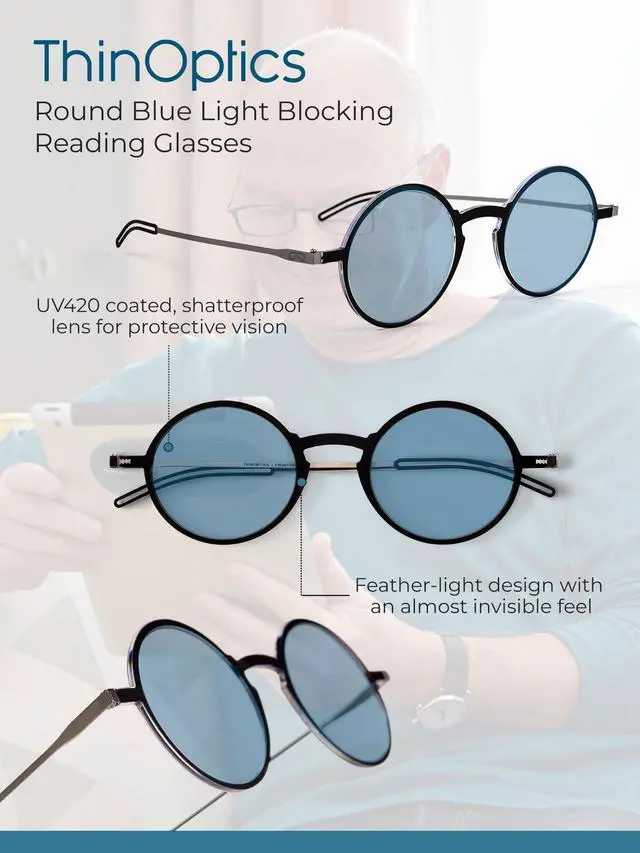 Alt view image 2 of 5 - Always With You ThinOptics Blue Light Blocking Reading Glasses for Computers & Screens - Ultra Lightweight and Durable - Round Black 2.5x