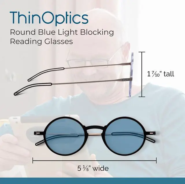 Alt view image 3 of 5 - Always With You ThinOptics Blue Light Blocking Reading Glasses for Computers & Screens - Ultra Lightweight and Durable - Round Black 2.5x