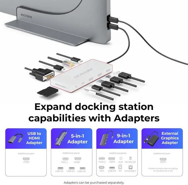 Alt view image 4 of 5 - Ascrono Dock for 13" Apple MacBook Air - Docking Station - Connect Dual Displays with Two Thunderbolt 4 USB-C Ports - Mac Docking Station Hub - Supports MacBook Air 13" (M2 2022 & M3 2024)